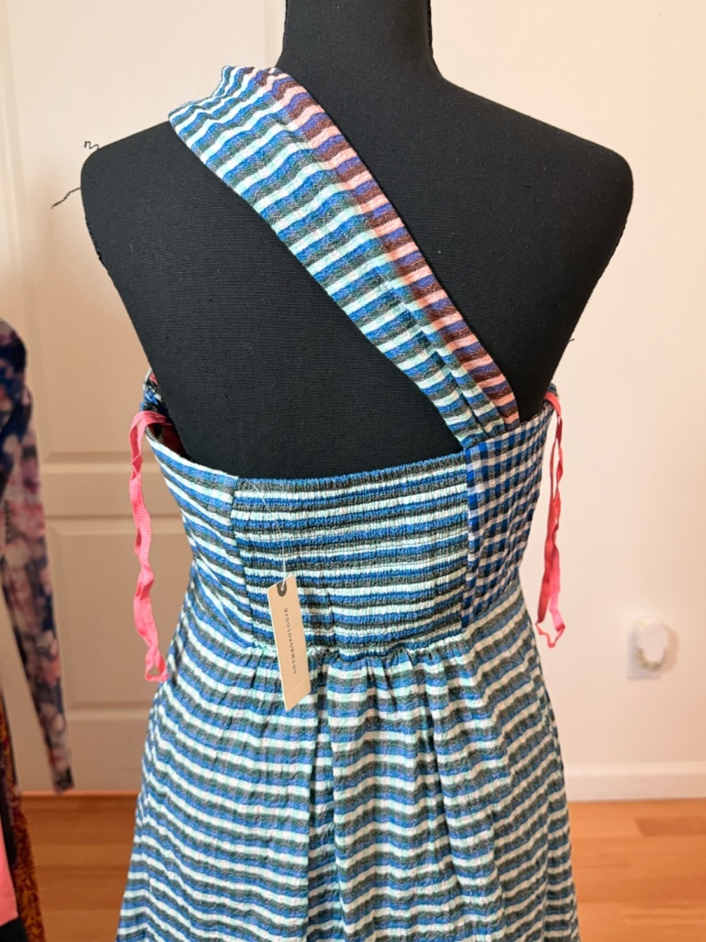 Maeve Anthropologie Blue Plaid Gingham One Shoulder Midi Dress Size 8 NWT - Picture 5 of 9